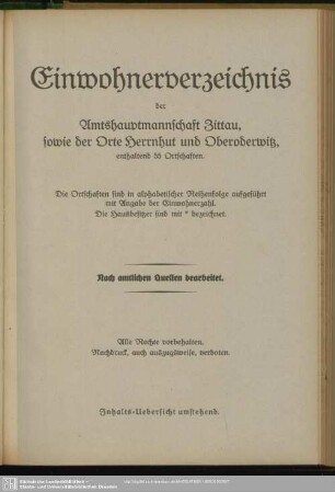 Einwohnerverzeichnis der Amtshauptmannschaft Zittau, sowie der Orte Herrnhut und Oberoderwitz