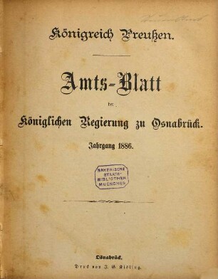Amtsblatt für den Regierungsbezirk Osnabrück. 1886