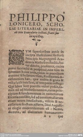 Philippo Lonicero, Scholae Literariae in Imperiali urbe Francoforto Rectiori, fratri suo...