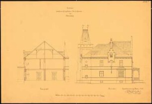 Herrschaftliches Wohnhaus, Belmsdorf Umbau: Aufriss Südseite, Querschnitt, Maßstabsleiste ca. 1:92