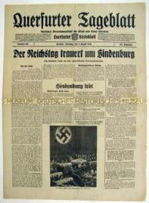 Regionale Tageszeitung "Querfurter Tageblatt" zur Reichstagssitzung zu Ehren von Hindenburg