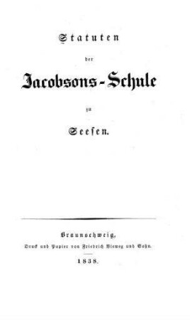 Statuten der Jacobsons-Schule zu Seesen