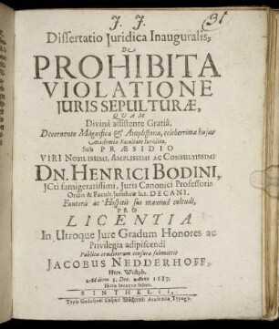 Dissertatio Iuridica Inauguralis, De Prohibita Violatione Iuris Sepulturae