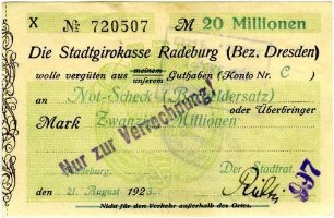 Not-Scheck (Bargeldersatz) über Zwanzig Millionen Mark