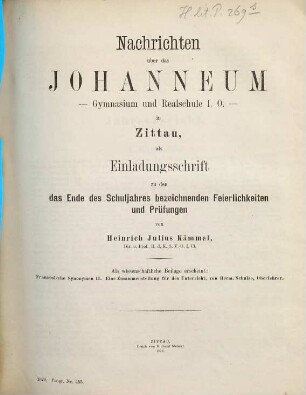 Nachrichten über das Johanneum : als Einladungsschrift zu d. am Ende d. Schuljahres ... stattfindenden Prüfungen u. Feierlichkeiten vom .... 1878/79