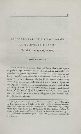 Sui combinanti dei sistemi lineari di quintiche binarie.