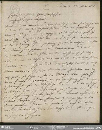 Eigenh. Brief von Christian Lassen an August Wilhelm von Schlegel, Paris, 08.07.1825