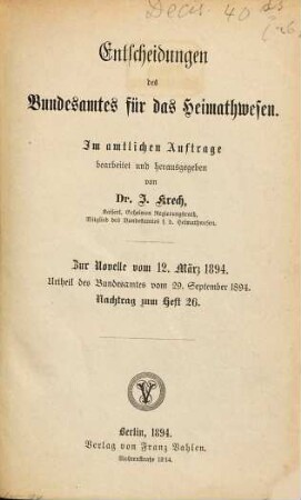 Entscheidungen des Bundesamtes für das Heimatwesen. [26,a]. 1894, Nachtrag