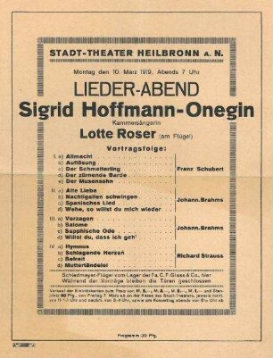 Programm zum Liederabend mit Kammersängerin Sigrid Hoffmann-Onegin im Stadt-Theater