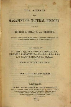 The annals and magazine of natural history, zoology, botany and geology : incorporating the journal of botany. 12. 1853