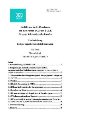 Einführung in die Benutzung der Ressourcen DGD und FOLK für gesprächsanalytische Zwecke. Handreichung: Metapragmatische Modalisierungen.