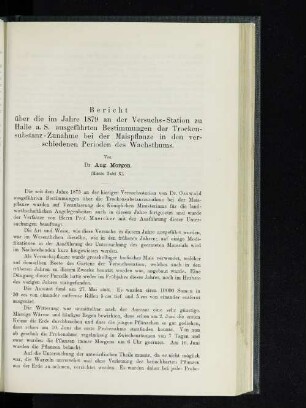 Bericht über die im Jahre 1879 an der Versuchs-Station zu Halle a. S. ausgeführten Bestimmungen der Trockensubstanz-Zunahme bei der Maispflanze in den verschiedenen Perioden des Wachsthums
