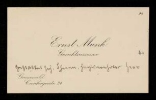 Visitenkarte des Gerichtsassessors Ernst Munk für Otto von Gierke, Grunewald (Landkreis Teltow), 20.8.1910
