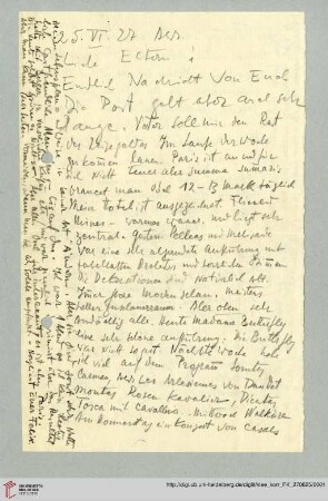 Familienkorrespondenz Klee: Brief von Felix Klee an Lily Klee und Paul Klee