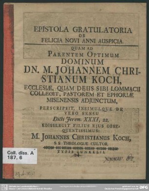 Epistola Gratulatoria Ob Felicia Novi Anni Auspicia