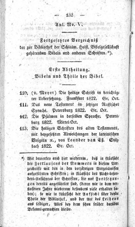 Anl. No. V. Fortgesetztes Verzeichniß der zur Bibliothek der Schlesw. Holst. Bibelgesellschaft gehörenden Bibeln und anderen Schriften.