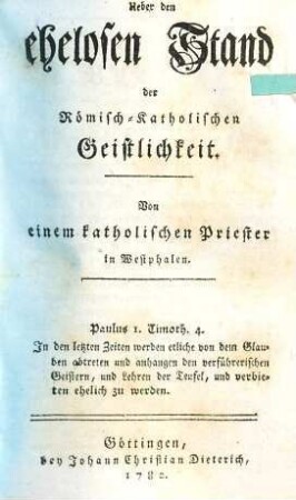 Ueber den ehelosen Stand der Römisch-Katholischen Geistlichkeit