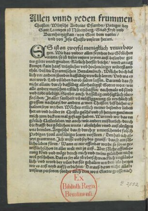 Allen unnd yeden frummen Christen/ Wünscht Andreas Osiander/ Prediger bey Sant Lorentzen zu Nüremberg ....