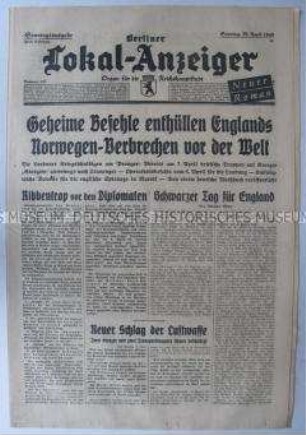 Tageszeitung "Berliner Lokal-Anzeiger" u.a. zum Empfang für ausländische Diplomaten bei Reichsaußenminister von Ribbentrop