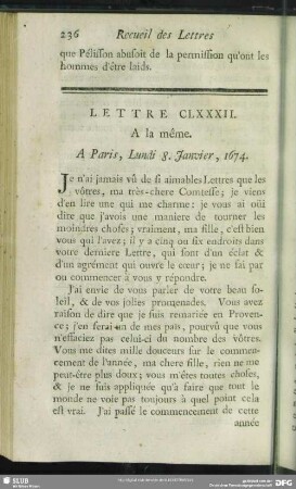 Lettre CLXXXII. A la même. A Paris, Lundi 8. Janvier, 1674