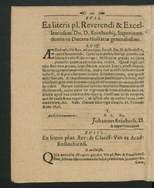 XVIII. Ex literis plur. Rev. Viri ex Acad. Rostochiensi.