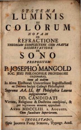 Systema Luminis Et Colorum Novam De Refractione Theoriam Complectens Cum Praevia Dissertatione De Sono