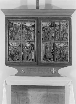 Margarethen-Altar — Altar im geschlossenem Zustand — Rechter Altarflügel (Außenseite) mit 4 Bildfeldern — Szene aus dem Leben der Heiligen Margaretha (Margartha im Gefängnis, den Drachen zähmend)