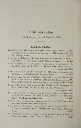 Bibliographie vom 1. August bis 15. October 1866.