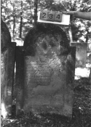 Grabstein 234 (Index: 99609870) Material: Sandstein Zustand: stark verwittert, abgeblättert, weitgehender Textverlust Maße HxBxT: 107x66x12 cm Beschreibung: Stele, eingezogener Rundbogenabschluß, Schriftfeld eingetieft: Grabstein 234