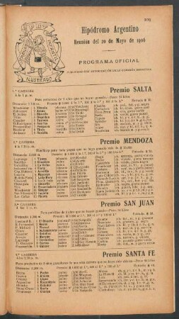 Hipódromo Argentino - Reunión del 20 de Mayo de 1906 - Programa oficial