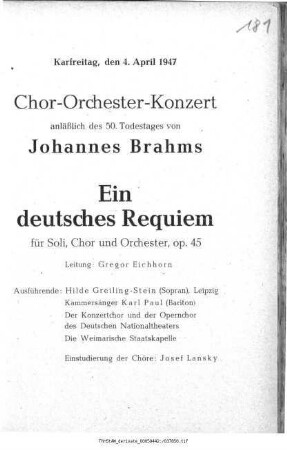 Chor-Orchester-Konzert anläßlich des 50. Todestages von Johannes Brahms