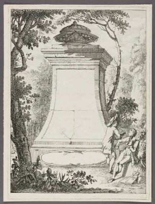 Titelblatt für eine musikalische Komposition; mit einem Monument und zwei Geigern