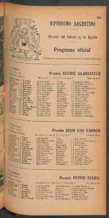 Hipódromo Argentino - Reunión del Sabado 15 de Agosto [de 1908] - Programa oficial