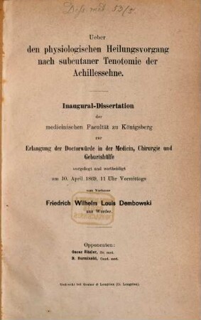 Ueber den physiologischen Heilungs-Vorgang nach subcutaner Tenotomie der Achillessehne : Inaug. Diss.