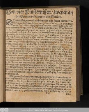 Von vier Finsternissen/ zweyen an der Sonnen und zweyen am Monden.