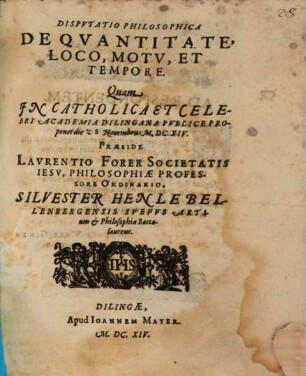 Disp. philos. de quantitate, loco, motu et tempore