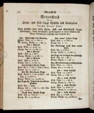 Verzeichniß derer Sonn- und Fest-Tags Episteln und Evangelien durchs ganze Jahr.