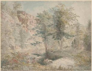 Teich eines Parkes mit Badenden an Felsen