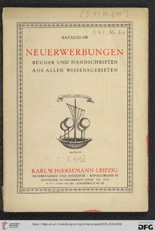 Nr. 638: Katalog: Neuerwerbungen - Bücher und Handschriften aus allen Wissensgebieten