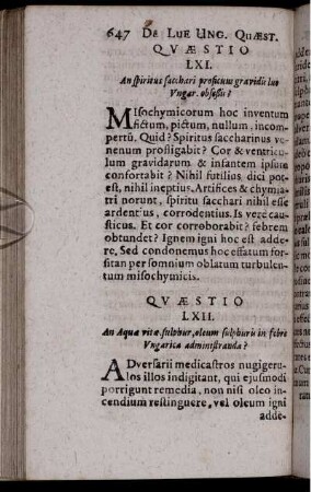 Quaestio LXI. An spiritus sacchari proficuus gravidis lue Ungar. obseßis?