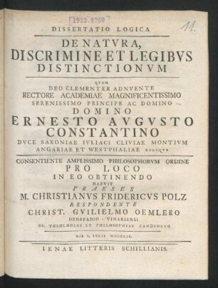 Dissertatio Logica De Natura, Discrimine Et Legibus Distictionum