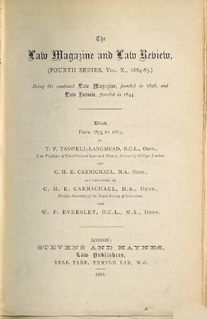 Law magazine and review : a quarterly review of jurisprudence. 10. 1885