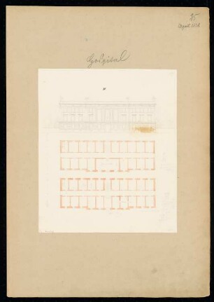 Hospital, Berlin Monatskonkurrenz April 1838: Grundriss Erdgeschoss, Obergeschoss, Aufriss Straßenansicht; Maßstabsleiste