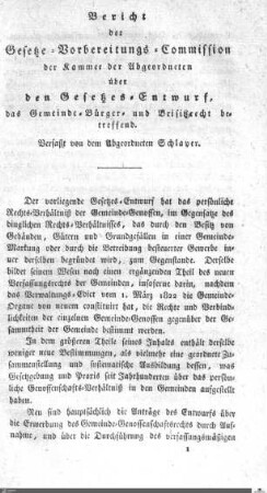 Bericht über den Gesetzes-Entwurf betreffend das Gemeinde-Bürger- und Beisitz-Recht