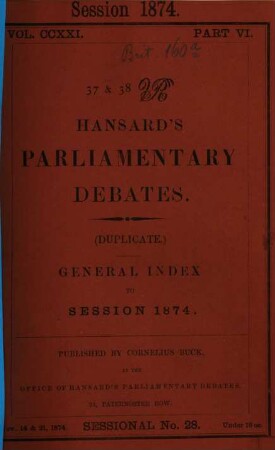 Hansard's parliamentary debates. General index to session. 1874