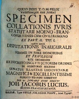 Specimen Collationis Jvris Statutarii Moeno-Francofurtensis Cum Civili Romano Ex Part. II. Tit. I.