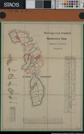 "Helfener Klosterforst" ("Forstinsp. Osnabr. Ob.försterei Iburg. Kgl. Klosterforsten Planche Nr. 3") (2. Hälfte 19. Jh.) Betriebskarte mit Flächenregister. Namen der angrenzenden Besitzer. Ausf.-Art: Lithografie mit Farbauftrag Herst.: Bruns Format: 54 x 40 cm Maßstab: 1 : 10000