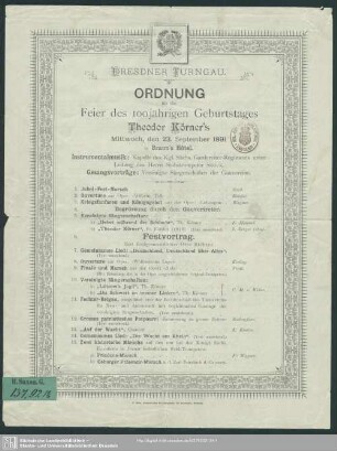 Dresdner Turngau : Ordnung für die Feier des 100jährigen Geburtstages Theodor Körners