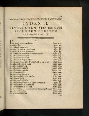 39-68, Index II. Singulorum Speciminum Secundum Ordinem Alphabeticum.