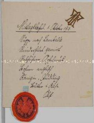 Speisekarte von der Mittagstafel am 1. Oktober 1913